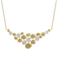 Elevate your look with this stylish yellow gold necklace, a captivating blend of elegance and texture. Professionally crafted from luxurious 10K yellow gold, this necklace features a unique design of artfully crafted geometric shapes complemented with twinkling round diamonds and a ribbed motif finish. The diamonds are 1/4ctw, I in color, and I2 in clarity. The pendant measures 22mm in length, and 47.7mm in width. The chain is 18 inches in length. Modern Gold Diamond Necklace For Anniversary, Modern Gold Necklace With Single Cut Diamonds, Modern Gold Necklace With Diamond Accents, Modern Yellow Gold Diamond Necklace With Accents, Modern Gold Diamond Necklace, Modern Gold Diamond Necklace With Accents, Wedding Day Jewelry, Yellow Gold Necklace, Engagement Ring Guide