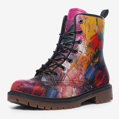 These extremely comfortable classic boots with a high quality print are made to last and to impress. Designed for fashion people, stylish and personalized. Perfect for everyday wearing and to show a unique sense of style.. - The Upper Made of PU leather (synthetic leather), the sole made of rubber.- Soft PU make it comfortable and soft. Size Chart Boots Colorful, Shoes Art, Paint Splash, Shoe Art, Classic Boots, Fashion People, Synthetic Leather, Leather Boots, Pu Leather