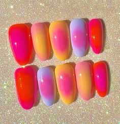 Aura nails in a vibrant sunset palette. Perfect for summer! Each order comes with an extra 5 nails, and an application kit. Cute Bright Nail Designs, Cool Tone Summer Nails, 5 Different Color Nails, Multi Color Aura Nails, Aura Acrylic Nails, Pink And Orange Aura Nails, Summer Aura Nails, Preppy Costume, Sunset Aura Nails