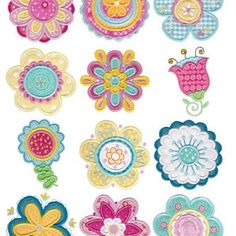 an assortment of flower appliques in various colors and designs on a white background