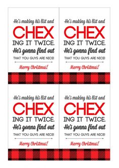 four christmas cards with red and black text on the front, one is for chex