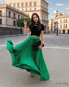 Lasaky - High-Waisted Pleated Midi Skirt with a Flowy A-Line Silhouette Green Satin Skirt Outfit, Green Satin Skirt, Pale Pink Skirt, Satin Skirt Outfit, Pink Skirts, Skirts Pleated, 50th Clothing, Weather Outfits, High Waisted Pleated Skirt