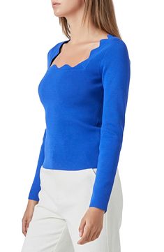 A lightweight staple sweater gets so much sweeter with a squared neckline edged in scalloped shaping. 70% rayon, 30% polyester Hand wash, dry flat Imported Affordable Fitted Blue Sweater, Elegant Blue Top With Square Neck, Fitted Square Neck Sweater, Elegant Blue Square Neck Top, Playful Blue Crew Neck Top, Fitted Long Sleeve Tops With Scalloped Edges, Cobalt Blue Sweater, Blue Stretch Crew Neck T-shirt, Square Neck Sweater