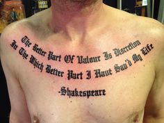 a man with a tattoo on his chest that says shakespeare