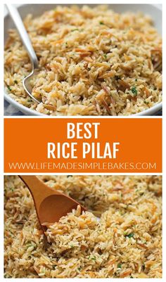 the best rice pilaf recipe is shown in two pictures