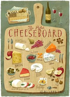 a wooden cutting board with different types of cheeses and wine glasses on top of it