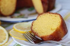 a lemon pound cake on a plate with a fork