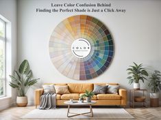 a living room filled with furniture and a large painting on the wall above it that says leave color confusion behind finding the perfect shade is just a click