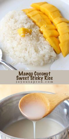 mango coconut sweet sticky rice in a pan with a wooden spoon next to it and the recipe below