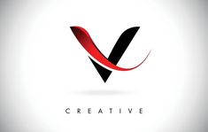 the letter v logo is made up of red and black curved lines on a white background