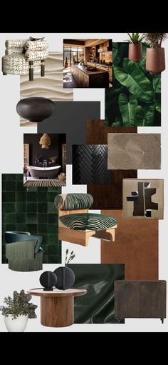 a collage of different types of furniture and decor in shades of green, brown, black and white