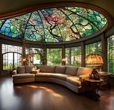 a living room filled with furniture and a large window covered in colorful stained glass panels