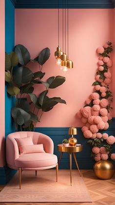 a living room with pink and blue walls, gold furniture and large potted plant