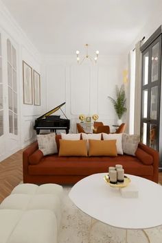 a living room filled with furniture and a piano