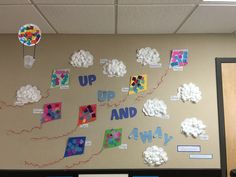 "Up, Up, and Away" bulletin board for an Up in the Sky theme. The toddlers… In The Sky Preschool Activities, Sky Theme Bulletin Board, Clouds Classroom Theme, Up In The Sky Activities For Kids, Up In The Sky Preschool Theme, Sky And Weather Theme Prek, Things In The Sky Preschool Activities, In The Sky Theme Preschool, Sky Bulletin Board Ideas