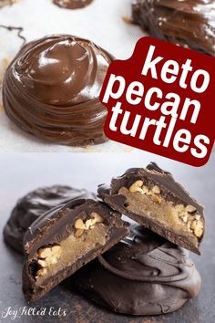 there are chocolate and peanut butter cookies on the table with text overlay that reads keto pecan turtles