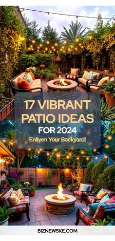 an outdoor patio with fire pit surrounded by greenery and string lights that read 17 vibrant patio ideas for 2012