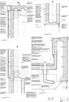 architectural drawings showing the various sections of an exterior wall and floor plan, with details on each side