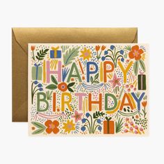 a greeting card with the words happy birthday written in colorful flowers and leaves on it