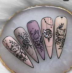 Pastel Goth Easter Nails, Ostara Nail Designs, Goth Nails Inspiration, Spring Gothic Nails, Gothic Easter Nails, Dark Easter Nails, Spring Witch Nails, Hecate Nails, Goth Easter Nails