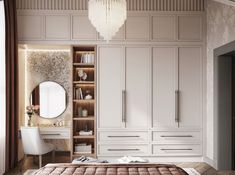 a bedroom with white cabinets and a large mirror on the wall next to a bed