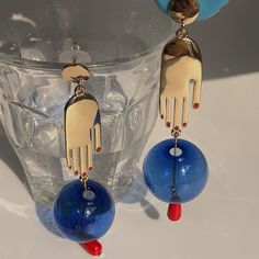 Hands & Blue Glass Ball Drop Earrings Trendy Jewelry Ideas, Artsy Earrings, Hand Earrings, Blue Dangle Earrings, Ball Drop, Earring Stand, Long Drop Earrings, Earrings Inspiration, Ball Pendant