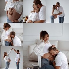 a man and woman cuddle while posing for pictures