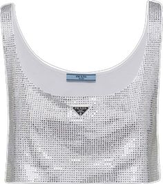 Luxury Sleeveless Summer Tops, White Sequined Crop Top, Prada Jeans Top, Prada Rhinestone Top, Prada Denim Top, Prada Tops Women, Silver Rhinestone Fitted Crop Top, Embellished Crop Top, Triangle Logo