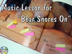 an open children's book with the title music lesson for bear shores on