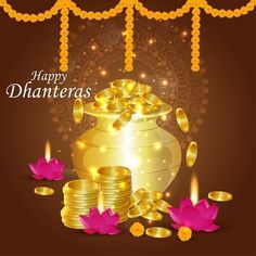 happy dhanteras greeting card with gold coins and pink flowers on brown background for diwaling