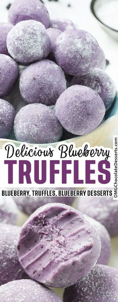 delicious blueberry truffles with powdered sugar on top and the words delicious blueberry truffles below