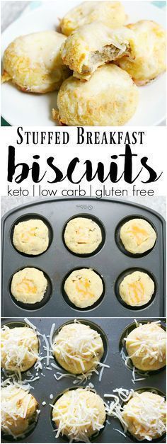 baked breakfast biscuits in muffin tins with cheese on top and the words stuffed breakfast biscuits keto low carb gluen free