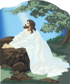 a painting of jesus sitting on a rock