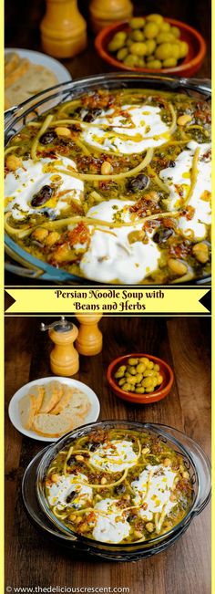 two pictures of different types of food in bowls and pans on a wooden table