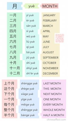 an image of months of the year in english and chinese writing on a white background