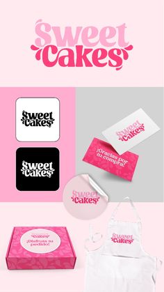 the logo for sweet cakes is displayed on a pink and white background with other items