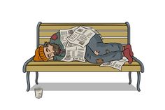 a man is sleeping on a bench with newspapers