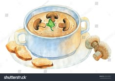 a watercolor painting of a bowl of soup with mushrooms and bread on the side