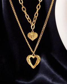 Elluis - Elegantly Designed Heart Shaped Hollow Out Stackable Chain Pendant Necklace - Set of 1 Mother's Day Heart Necklace With Chain, Heart Shaped Double Chain Metal Jewelry, Double Chain Heart Pendant Necklace, Heart-shaped Metal Jewelry With Double Chain, Valentine's Day Heart Pendant Chain Necklace, Heart-shaped Chain Necklace With Adjustable Chain For Mother's Day, Chunky Chain Necklace For Valentine's Day Gift, Valentine's Day Heart Pendant Necklace With Chain, Valentine's Day Chunky Chain Necklace Gift