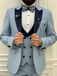 Dripped Outfits, Blue Prom Tuxedo, Blue Tuxedo Wedding, Blazer Waistcoat, Sky Blue Suit, Suit Man, Prom Tuxedo, Blue Suit Men