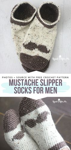 a pair of knitted slippers with the words mustache slipper socks for men