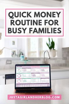 A laptop on a kitchen countertop displays charts and graphs. The text above reads "Quick Money Routine for Busy Families." A website URL, justagirlandherblog.com, is at the bottom. The background features a modern kitchen with a plant.