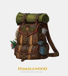 the back side of a brown and green backpack with an animal on it's shoulder