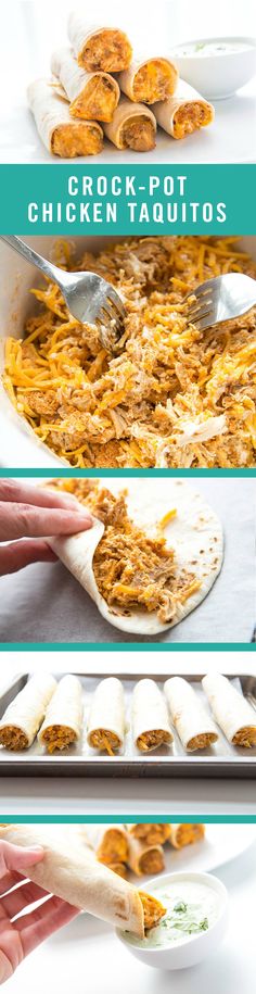 the process of making crock - pot chicken enchiladas is shown here