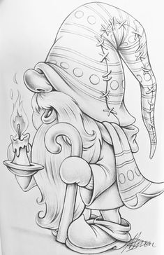 a pencil drawing of an old wizard holding a candle and wearing a hat with horns