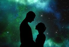 two people standing next to each other in front of a sky filled with lots of stars