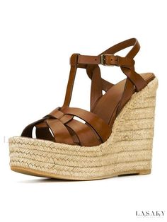 Lasaky - Womens Brown Woven T-Strap Wedge Sandals with Platform and Premium PU Material Platform Wedges Shoes, Brown Wedge Sandals, Women Platform Sandals, Wedge Espadrilles, Strap Wedge, Slingbacks, Fashion Heels, Coffee Brown, Platform Wedge Sandals