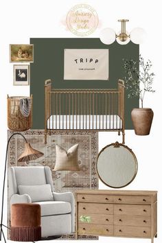 a baby's room is shown with furniture and decor in shades of green, brown,