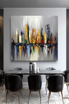 Original handmade abstract painting depicting a modern cityscape with colorful buildings reflected in water, using vibrant yellows, blues, and grays Urban Decor, Cityscape Art, Urban Life, The Energy, Modern Art, Abstract Painting