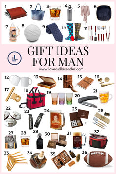 the gift ideas for man list is shown in pink and white with text overlay